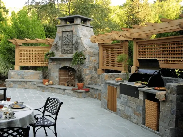 Modern outdoor patio kitchen island and bar seating
