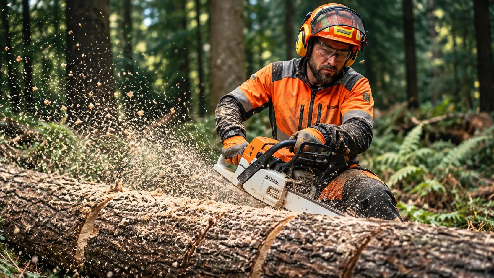 A close-up, highly detailed shot of a professional arborist in bright safety gear operating a massive chainsaw on a huge fallen tree trunk. Sawdust flies violently through the air, frozen in time. The lighting is cinematic, emphasizing the rugged textures of the wood and the intense focus of the worker.